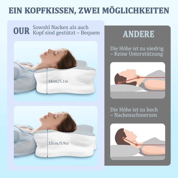 Ортопедична подушка для шиї з Memory Foam - для сну на боці, спині та животі з покриттям з льонової тканини (сіра)