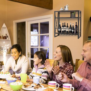 Wall-Mounted Wine Rack with Glass Holder, Wood and Metal Bottle Shelf with 3 Levels for 12 Bottles, Wine Stand with Cup Shelf, Suitable for Kitchen, Maximum Load Capacity 50 kg, 60*20*62 cm