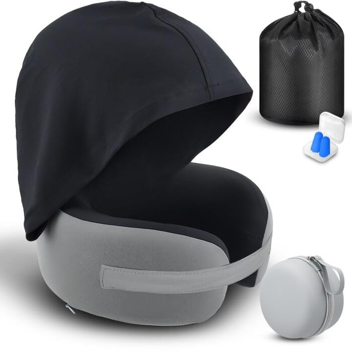 Подушка для шиї у літак з капюшоном, Memory Foam, сіра. Подушка для подорожей, авто, дорослих. З навушниками.