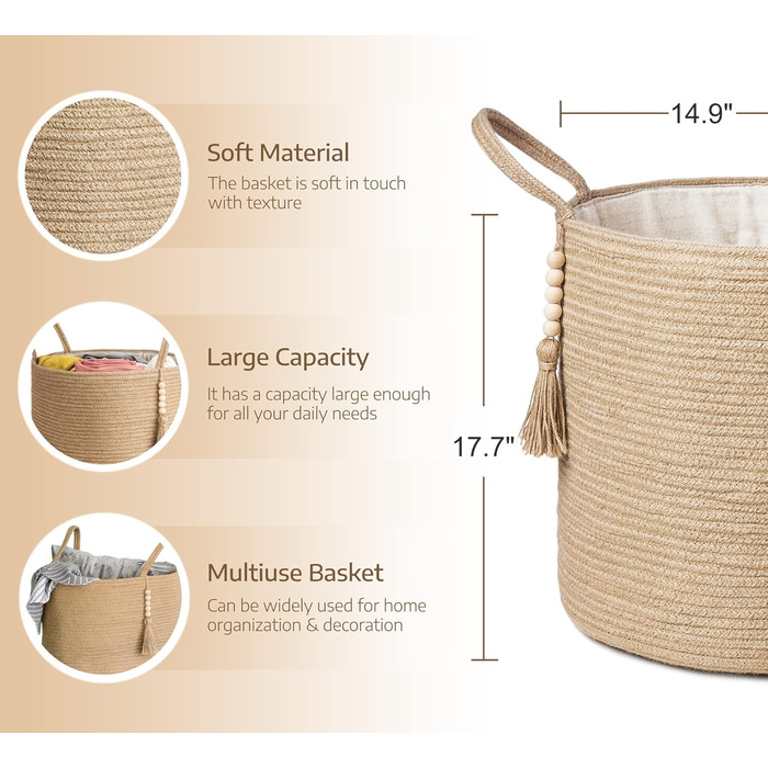 Hand-Woven Storage Basket with Handles, Decorative Cotton Rope Basket, Wood Bead Decoration for Blankets, Toys, Clothes, Living Room, Home Decor, 27.9 cm, White (Brown, 15