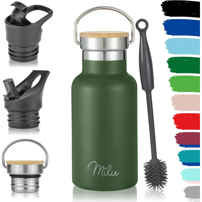 Фляга з нержавіючої сталі Milu 350/500/750/1000 мл (+3 кришки) з трубочкою, термос, ізольована пляшка для води, дитяча, доросла, для подорожей, без витоку (оливковий, 350 мл)