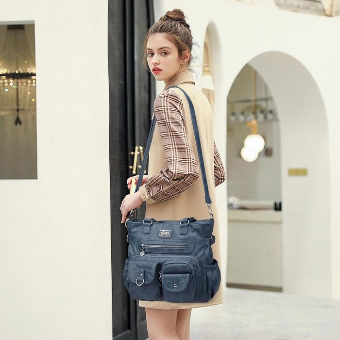 Сумка жіноча KL928 через плече, велика, PU шкіра, чорно-сіра з багатьма відділеннями