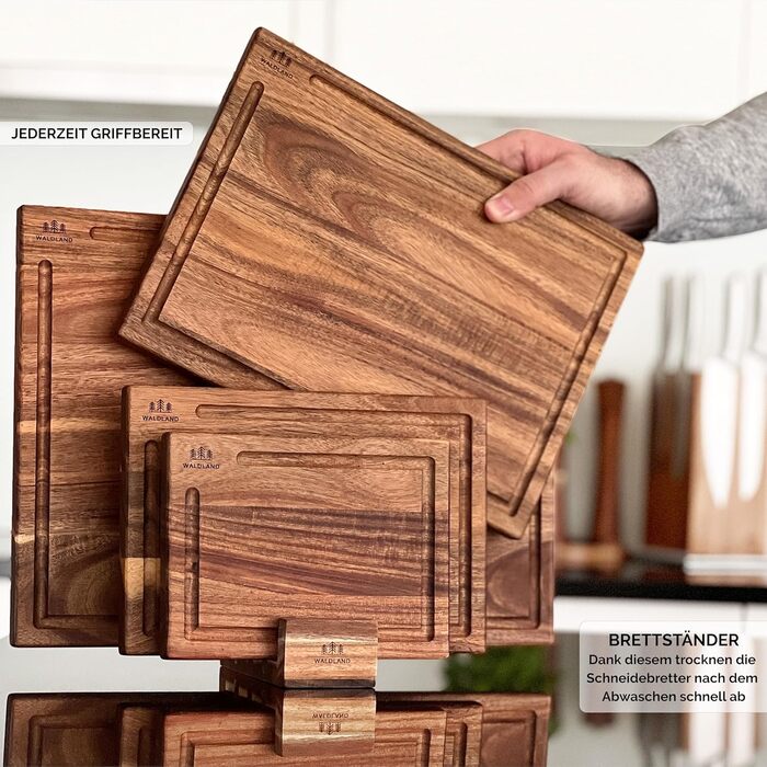 Premium Cutting Board Wood 4-Piece Set (40x30, 33x24, 27x18, 21x15) | Includes Cutting Board Stand | Wood Cutting Board Kitchen | Cutting Board Set Made of Robust Acacia Wood