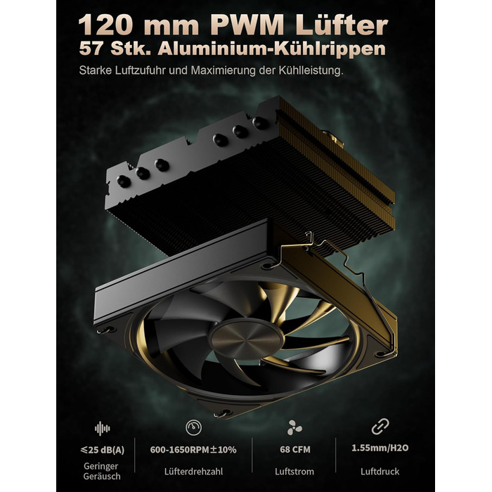 upHere Охолоджувач CPU H85KC6 (чорний): Низькопрофільний кулер з ARGB підсвічуванням для AMD AM4/AM5 та Intel 1700, 85мм висота, 6 heatpipes, 180W TDP