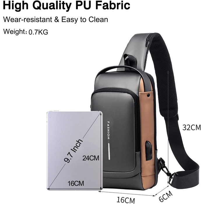 Сумка-слінг FANDARE 2026 з USB-зарядкою, захистом паролем та водонепроникним матеріалом. Ідеальна для подорожей, прогулянок та міста. Кілька відділень, сіра/коричнева.