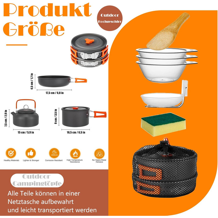 Набір кухонного посуду для кемпінгу, 10 предметів. Набір посуду для приготування їжі на відкритому повітрі, для 2-4 осіб. Плита, сковорода, чайник для пікніків, BBQ та походів