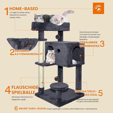 Драбина-кіготь для котів великих порід, кіготь-будинок з сизалю, платформа, м'ячики та щітка, 95 см, темно-сірий