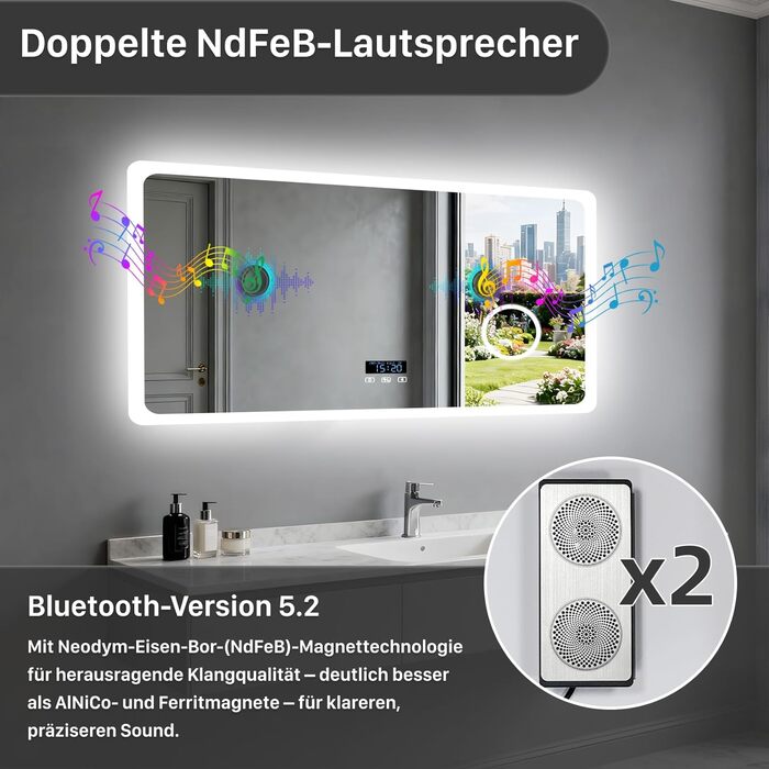 Дзеркало для ванної кімнати LUVODI з підсвічуванням 100x70 см: годинник, температура, дата, проти запотівання, регулювання яскравості, 3 кольори світла, функція пам'яті, LED, водонепроникність, збільшення 3x, Bluetooth