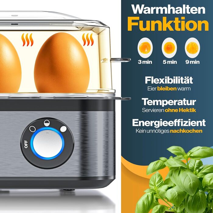 Електричний яйцеварка KESSER® на 1-8 яєць з нержавіючої сталі, 500W, з функцією підігріву, LED-регулятор, 3 ступені нагріву, BPA-Free, придатний для миття в посудомийній машині, мірний стакан, тримачі для яєць та форма для омлету, колір: антрацит