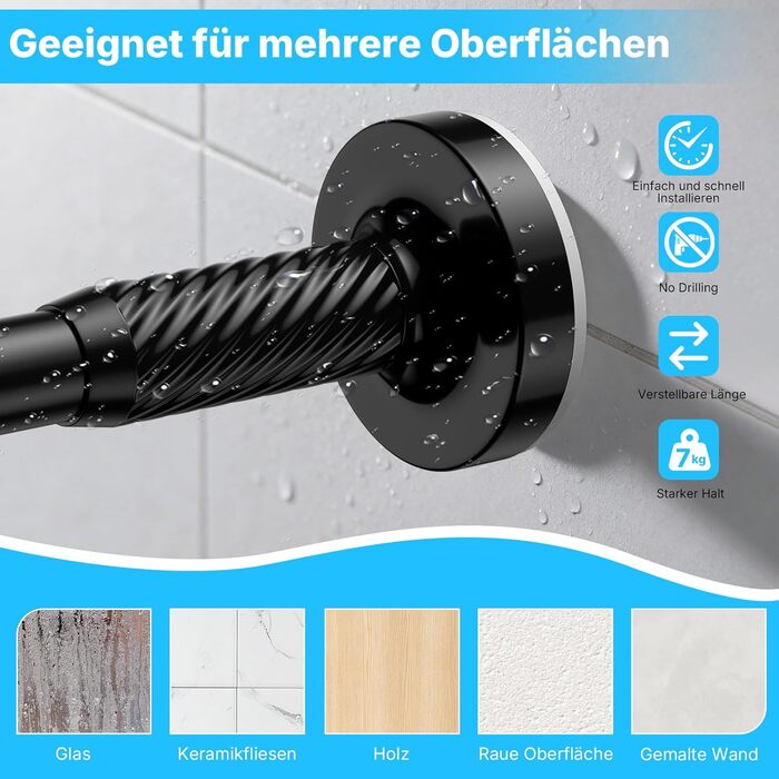 Штанга для карнизи без свердління, 100-230 см, регульована телескопічна штанга для душу, вікна та балкону (діаметр 25 мм, чорний)