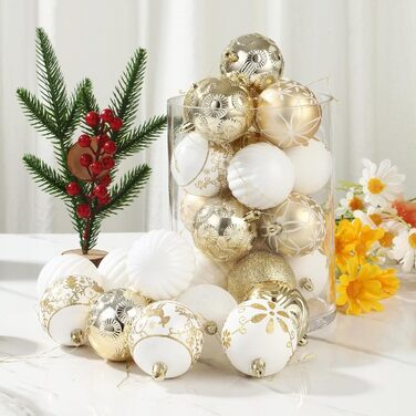 34 штуки новорічних кулі, прикраси для ялинки з пластику, новорічні прикраси з ключ-стрічкою, набір з малюнком оленя, кульки для прикраси ялинки (біле золото)