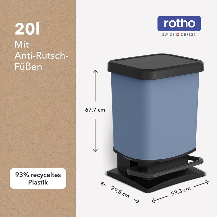 Сміттєвий відро Rotho Paso для кухні, 20 л, педальний з м'яким закриттям Soft-Close (Блакитний)