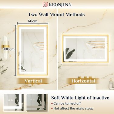 Дзеркало для ванної кімнати Keonjinn з підсвічуванням, чорний металевий каркас 60x80 см, LED, антизапар, сенсорне керування, 3 кольори світла, регулювання яскравості, пам'ять, настінне дзеркало