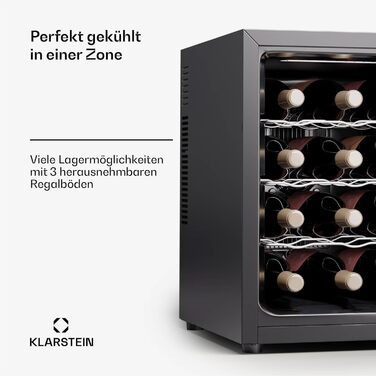 Klarstein Freistehendій виноховильник, 1 зона, 12 пляшок, 5-22°C. Виноховильник з прозорою дверцятами для вина та пива.