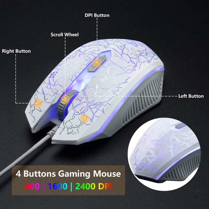 Ігровий набір клавіатури, навушників та миші: клавіатура 104 клавіші з підсвічуванням Rainbow, миша 2400DPI, навушники 7.1 Surround Sound RGB, легка конструкція, комбо для PS4/Xbox (потрібен адаптер), білий колір