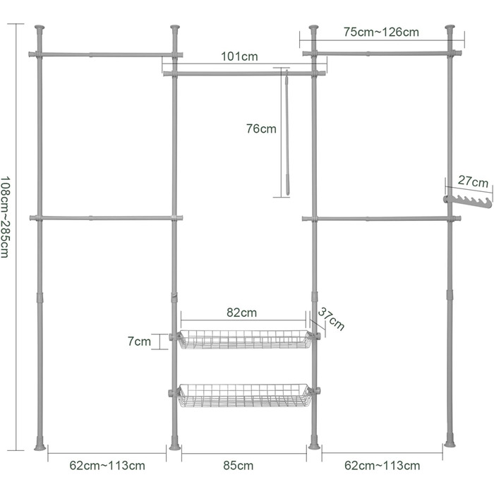 SoBuy KLS04-SCH Telescopic Clothes Rail with 5 Clothes Rails and 2 Baskets Telescopic Wardrobe System Adjustable Shelf System B (209-311) x H (200-285) cm (Light Grey)