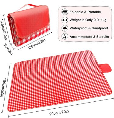 Плед для пікніка LIVEHITOP водонепроникний XXL, великий пляжний плед, складаний килимок для пікніка з ручкою для транспортування, для кемпінгу, парку, барбекю (150 x 200 см, червоно-клітинчастий)
