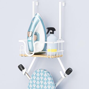 Настінна кріплення для прасувальної дошки з кошиком для зберігання та гачками (білий)