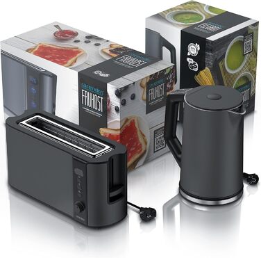 Arendo Kettle and Toaster SET Stainless Steel Cool Grey, Kettle 1.5L 40°-100°C Keep Warm Function, Toaster 2 Slice LED Display 6 Browning Levels, Bread Tray, A: Cool Grey