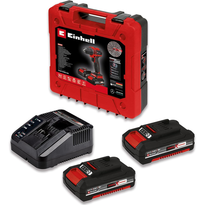 Акумуляторний дриль-шуруповерт Einhell TE-CD 18/40 Li BL (2x2.0 Ah) Power X-Change (Li-Ion, 18 V, 40 Nm, безщітковий двигун, 2-швидкісна коробка передач, регулювання швидкості, комплект з 2x 2.0 Ah PXC-акумуляторами та швидким зарядним пристроєм)