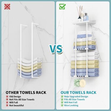 Тримач для рушників без свердління, настінний, з 6 гачками та полицею для ванної кімнати/кухні, матовий, для гостей, білий