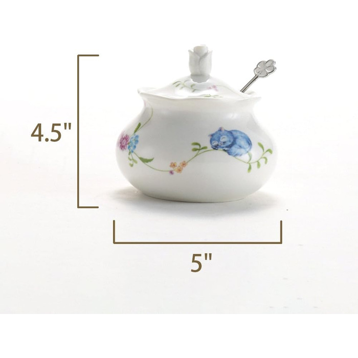 Hotoco Sugar Bowl, Ceramic Sugar Bowl with Lid and Stainless Steel Spoon for Home and Kitchen - Flower Design, White flower