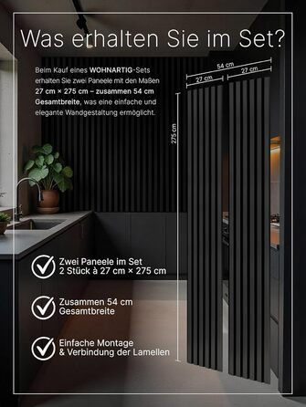 Акустичні панелі на фетрі для стін (набір 2 шт. 275х27 см), колір чорний 905, стінові ламелі 1,485 м²