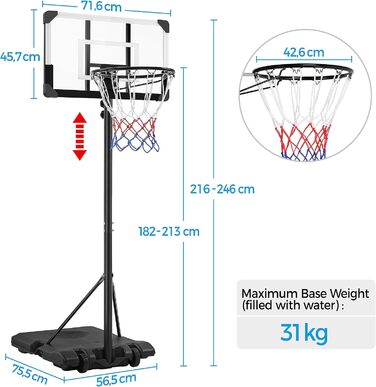 Yaheetech Adjustable Height Basketball Hoop Stand with Wheels - Indoor/Outdoor Basketball System, Water/Sand Fillable Base, 216-246cm