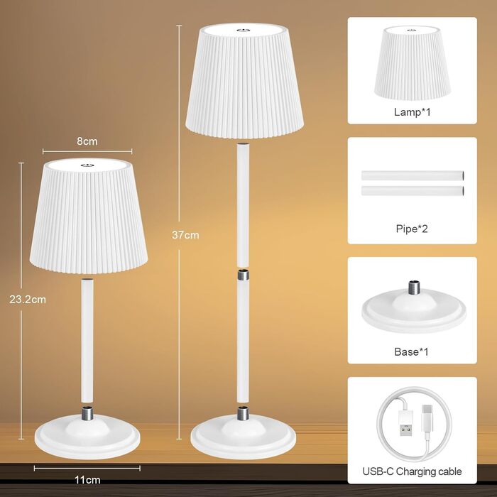 Світлодіодна настільна лампа бездротова з регулюванням висоти, USB-C нічник з 3 режимами освітлення та димером, портативна металева акумуляторна лампа для вітальні, спальні та вулиці (Чорна)