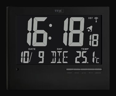 TFA Dostmann Digital Radio Clock with Automatic Backlight, with Indoor Temperature, Date, Day of the Week, Black, 60.4508, L 230 x W 31 (80) x H 185 mm