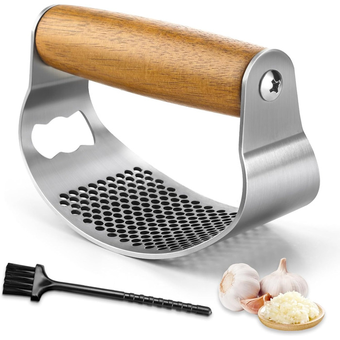 Пресс для часнику з нержавіючої сталі з важелем, дерев'яний ручка, прес для часнику, подрібнювач часнику, кухонний гаджет, легкий у чищенні