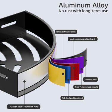 Поличка для душу без свердління, кутова, з нержавіючої сталі, з алюмінію, чорна - 2 шт.