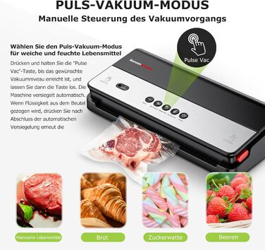 Вакуумний пакувальник Bonsenkitchen для сухих та вологих продуктів з вбудованим різаком, 1 рулон фольги, 50 професійних фольгованих пакетів чорного кольору