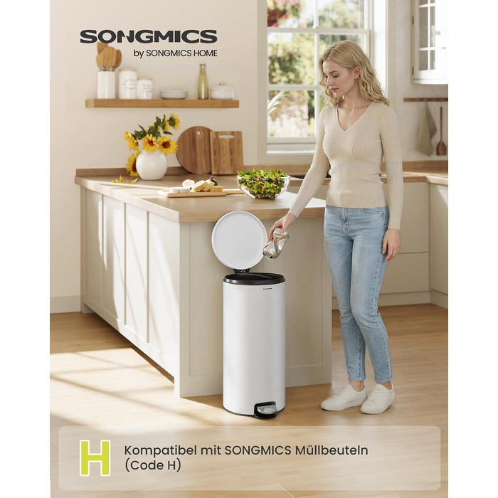 Сміттєвий відер SONGMICS для кухні з кришкою та системою Soft-Close, білий, 30 л