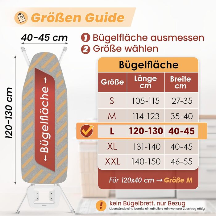 Покриття для прасувальної дошки 120x40 см, відбиваюче тепло, з чохлом, OEKOTEX100, 5 розмірів, з підкладкою, сумісне з паровими прасками, покриття для прасувального столу (срібний, L)