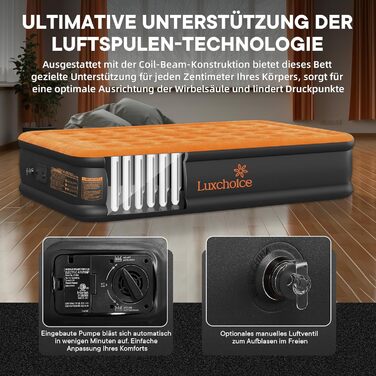 Надувне ліжко самонадувна, 1 місце, з електричним насосом, преміум якість, для кемпінгу та дому, темно-помаранчевий колір