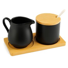 Набір для молока та цукру з кришкою та ложкою: молочник чорний керамічний та цукорниця з дерев'яним підносом, придатний для миття в посудомийній машині та використання в мікрохвильовій печі