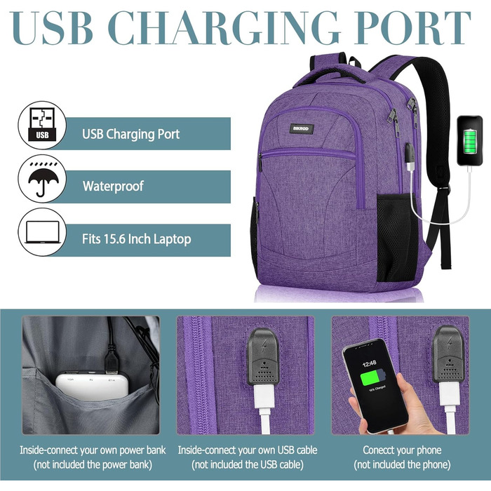 Рюкзак BIKROD для чоловіків та жінок, шкільний рюкзак для хлопчиків та дівчаток-підлітків, 15.6 дюймів для ноутбука, робочий, для подорожей, кемпінгу, роботи, 15.6' (фіолетовий)