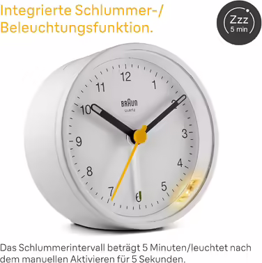 Braun Classic Analog Alarm Clock with Snooze Function and Light, Silent Quartz Movement, Crescendo Alarm in White, Model BC12W.