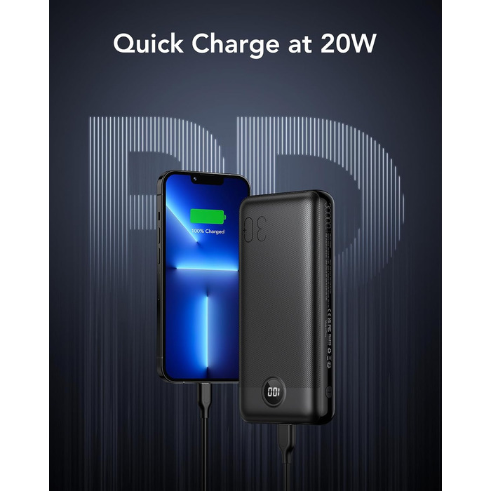 Power Bank VEGER 30000mAh 20W PD: Швидка зарядка, LED дисплей, 4 виходи, 2 входи, USB-C, сумісний з iPhone, iPad, планшетами