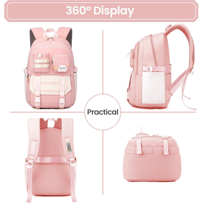 Дитячий рюкзак IvyH для дівчаток – велика місткість, водонепроникний, ідеальний для школи (2-6 клас), рожевий