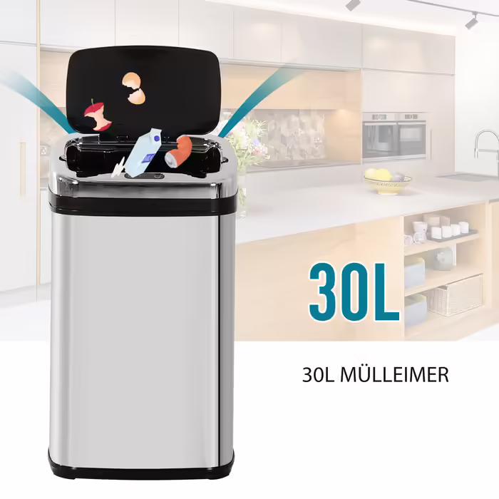 HOMCOM Automatic Sensor Trash Can 30L with IR Sensor, Square, Stainless Steel, Optional Inner Bucket for Hygienic Waste Management