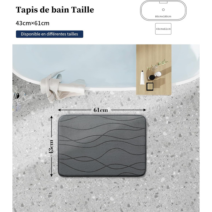 Килимок для ванної кімнати chakme з ефектом пам'яті (Memory Foam), нековзкий та вологопоглинаючий, темно-сірий, 43x61 см