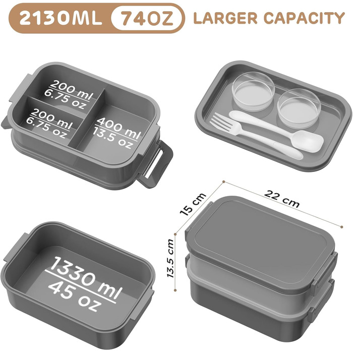 WayEee Ланчбокс для дорослих 2130 мл, великий об'єм, бенто-бокс, витікання захищено, BPA Free, для офісу, школи (сірий)