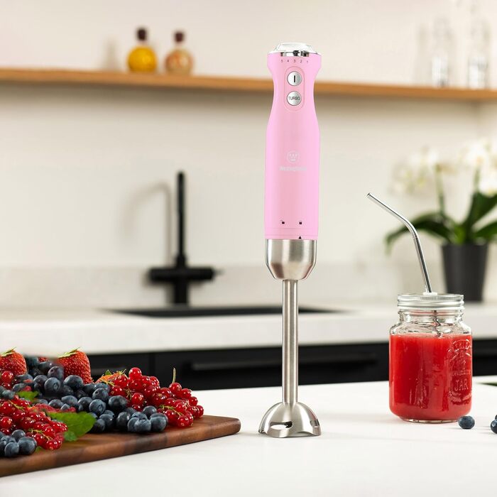 Блендер Westinghouse Retro Stabmixer: 600 Вт, рожевий, 4 швидкості, турбо, сталеві леза, ергономічна ручка