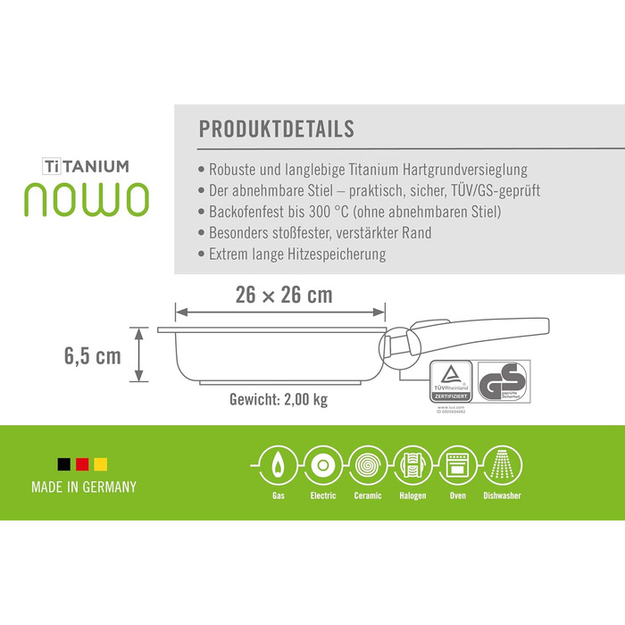 Woll Nowo Titanium Square Pan, with detachable handle - not induction-compatible, non-stick coating (26 cm)