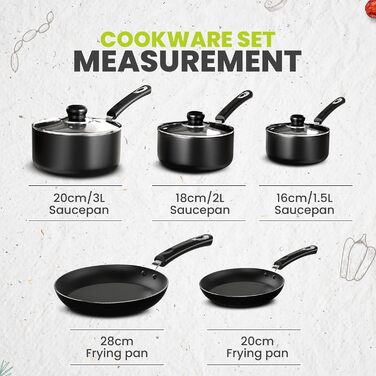 Набір посуду KICHLY 5 предметів з антипригарним покриттям: каструлі та сковорідки для індукційних плит. Включає сковорідки 20см, 28см та каструлі 20см, 22см, 16см з кришками (чорний)