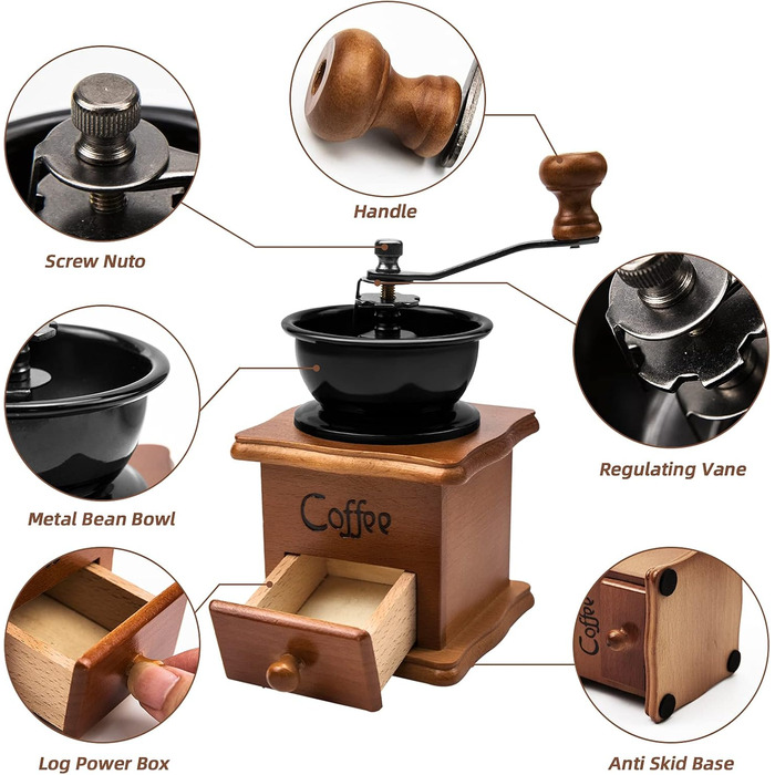 Ручна кавомолка Vintage: антична дерев'яна кавомолка з регулюванням ступеня помелу для дому, офісу та подорожей