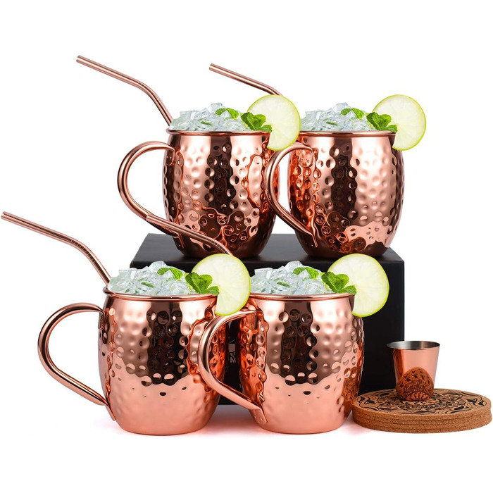 Moscow Mule Copper Mug Set, Handmade, Food-Safe, Copper Mug for Moscow Mule Cocktail, 473 ml, Gift Set with 1 Shot Glass, 4 Straws, and 4 Coasters, 4 Pieces