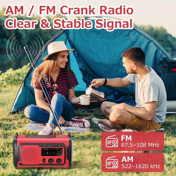 Радіо на сонячній батареї та ручному заводі Kurbelradio 27000mAh з SOS, Bluetooth, Powerbank та ліхтариком для кемпінгу та активного відпочинку (Червоний)